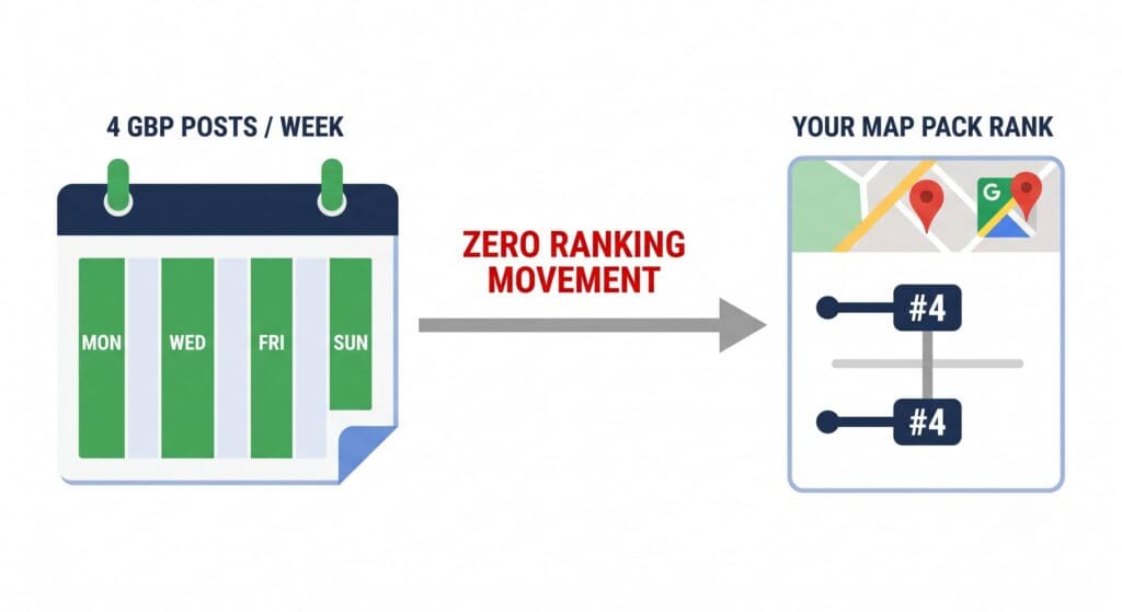 Flat vector illustration: a calendar showing four GBP posts a week on the left, a red caption reading 'Zero Ranking Movement' in the middle, and a Google Maps card on the right showing a rank of #4 that did not change
