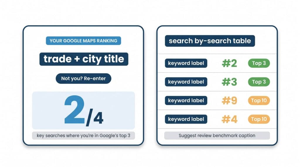 Flat vector illustration of the Local Rank Checker result showing a 2/4 top-3 headline stat and a search-by-search table with rank tiers