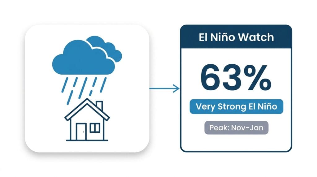 Hero flat vector infographic: a storm cloud raining on a house card next to a forecast card showing a 63 percent chance of a very strong El Nino peaking November through January